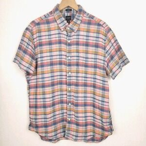 J.Crew Men's Slim Fit Linen Cotton Plaid Short Sleeve Shirt XL Coastal Summer‎